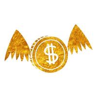 Hand drawn flying coin icon in gold foil texture vector illustration