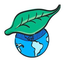 Globe with leaf icon in hand drawn color vector illustration