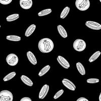 Bitcoin seamless background black and white. Hand drawn vector illustration.