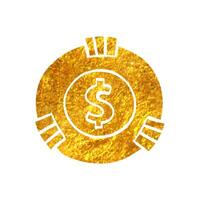 Hand drawn Gambling coin icon in gold foil texture vector illustration