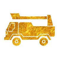 Hand drawn Fireman car icon in gold foil texture vector illustration