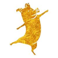 Hand drawn gold foil texture dancing pig. Vector illustration.