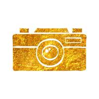 Hand drawn Range finder camera icon in gold foil texture vector illustration