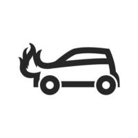 Car on fire icon in thick outline style. Black and white monochrome vector illustration.