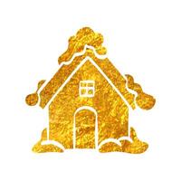 Hand drawn House with snow icon in gold foil texture vector illustration