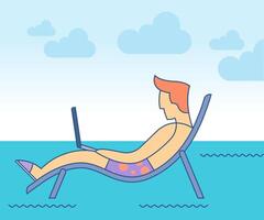 Man with laptop on her lap. Digital nomad concept. Vector illustration.