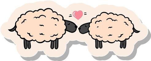 Hand drawn two sheep and a heart shape in sticker style vector illustration