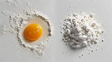 AI generated One egg yolk left and white flour right on white back. High quality. AI Generative photo