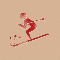 Skiing halftone style icon with grunge background vector illustration