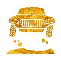 Hand drawn Rally car icon in gold foil texture vector illustration