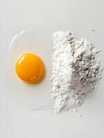 AI generated One egg yolk left and white flour right on white back. High quality. AI Generative photo