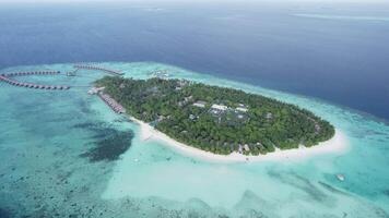 Island with houses on the water and a white beach in the Maldives video