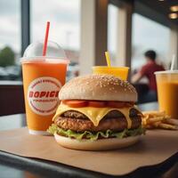 fast food burger, fries and drink photo