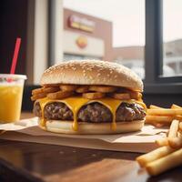 rápido comida hamburguesa, papas fritas y bebida foto