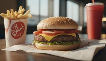 fast food burger, fries and drink photo