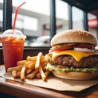 rápido comida hamburguesa, papas fritas y bebida foto