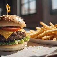 AI generated delicious burger with many ingredients photo