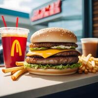 rápido comida hamburguesa, papas fritas y bebida foto