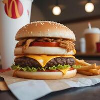 rápido comida hamburguesa, papas fritas y bebida foto