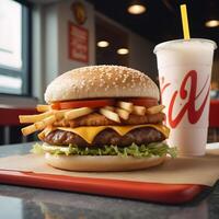 rápido comida hamburguesa, papas fritas y bebida foto