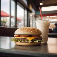 rápido comida hamburguesa, papas fritas y bebida foto