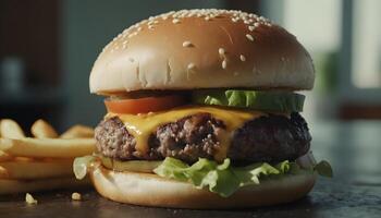 AI generated delicious burger with many ingredients photo