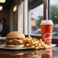 rápido comida hamburguesa, papas fritas y bebida foto