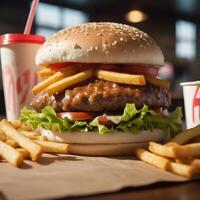 fast food burger, fries and drink photo