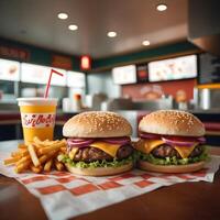 rápido comida hamburguesa, papas fritas y bebida foto