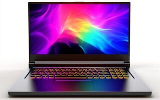 AI generated Laptop with RGB Keyboard on a White Background. photo