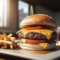 AI generated delicious burger with many ingredients photo