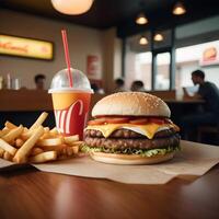 rápido comida hamburguesa, papas fritas y bebida foto