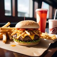 rápido comida hamburguesa, papas fritas y bebida foto