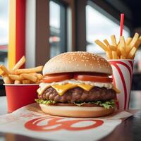 fast food burger, fries and drink photo