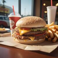 fast food burger, fries and drink photo