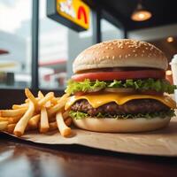 rápido comida hamburguesa, papas fritas y bebida foto