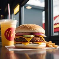 rápido comida hamburguesa, papas fritas y bebida foto