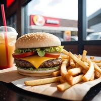 rápido comida hamburguesa, papas fritas y bebida foto