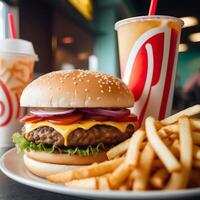 rápido comida hamburguesa, papas fritas y bebida foto