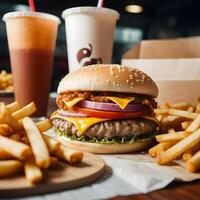 rápido comida hamburguesa, papas fritas y bebida foto
