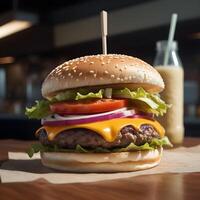 AI generated delicious burger with many ingredients photo