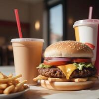 ai generado rápido comida hamburguesa ,papas fritas y bebida foto