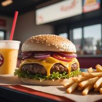 rápido comida hamburguesa, papas fritas y bebida foto