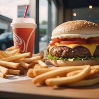 rápido comida hamburguesa, papas fritas y bebida foto