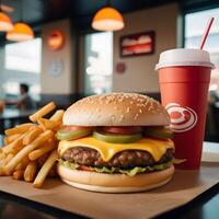 rápido comida hamburguesa, papas fritas y bebida foto