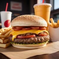 fast food burger, fries and drink photo