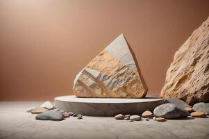 AI generated Large rock on a circular platform, surrounded by other rocks on peach background photo