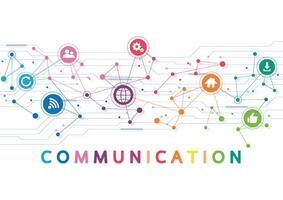 Vector illustration of a communication concept. The word communication with colorful dialog speech bubbles