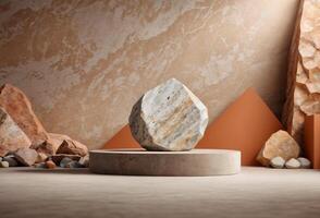 AI generated Large rock on a circular platform, surrounded by other rocks on peach background photo