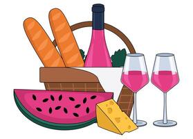 Bottle of rose wine, wine in glasses, cheese, baguettes, watermelon and a picnic basket. With an outline. Vector graphic.